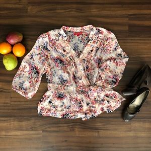 Pink Floral Ruffled Wrap Blouse